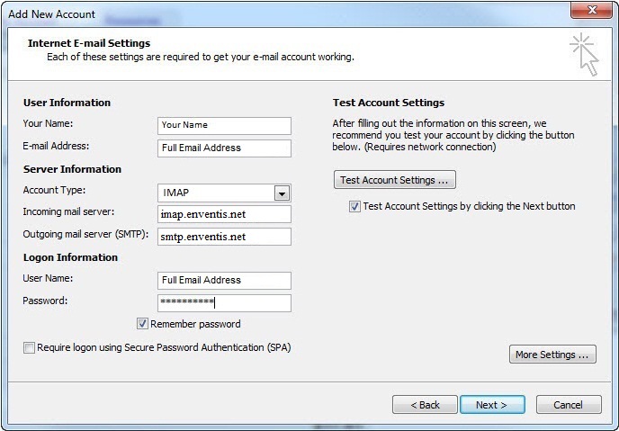 imap account settings for outlook 2007